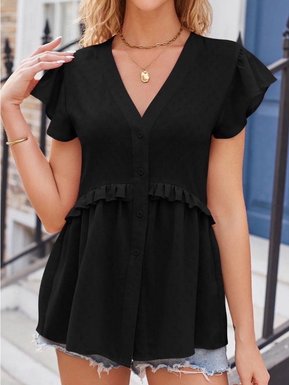SHEIN Black Ruffle Trim Button-Front V-Neck Blouse